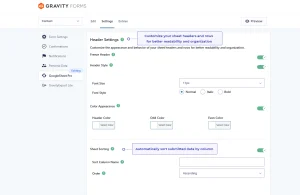 Google Sheets header and sorting settings for Gravity Forms