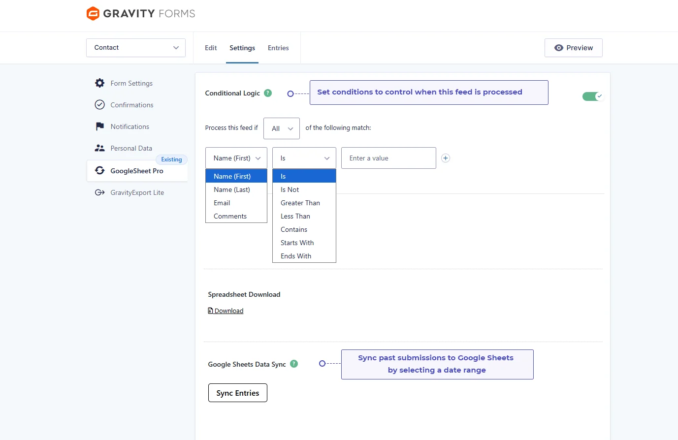 Gravity Forms Google Sheets conditional logic and data sync settings