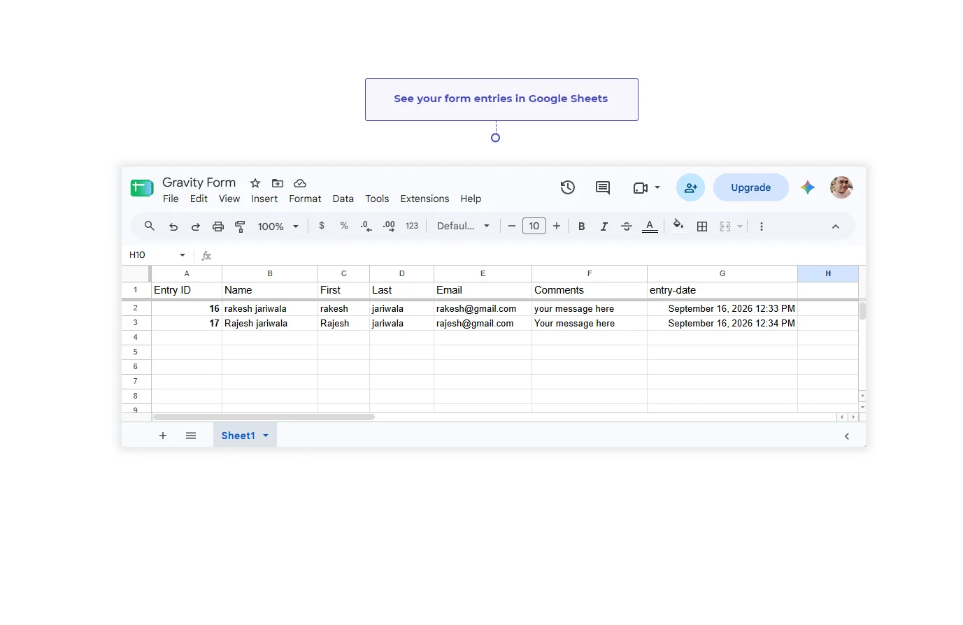 Gravity Forms entries synced to Google Sheets