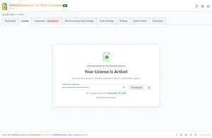 GSheetConnector for WooCommerce active license settings with license key and activation details.