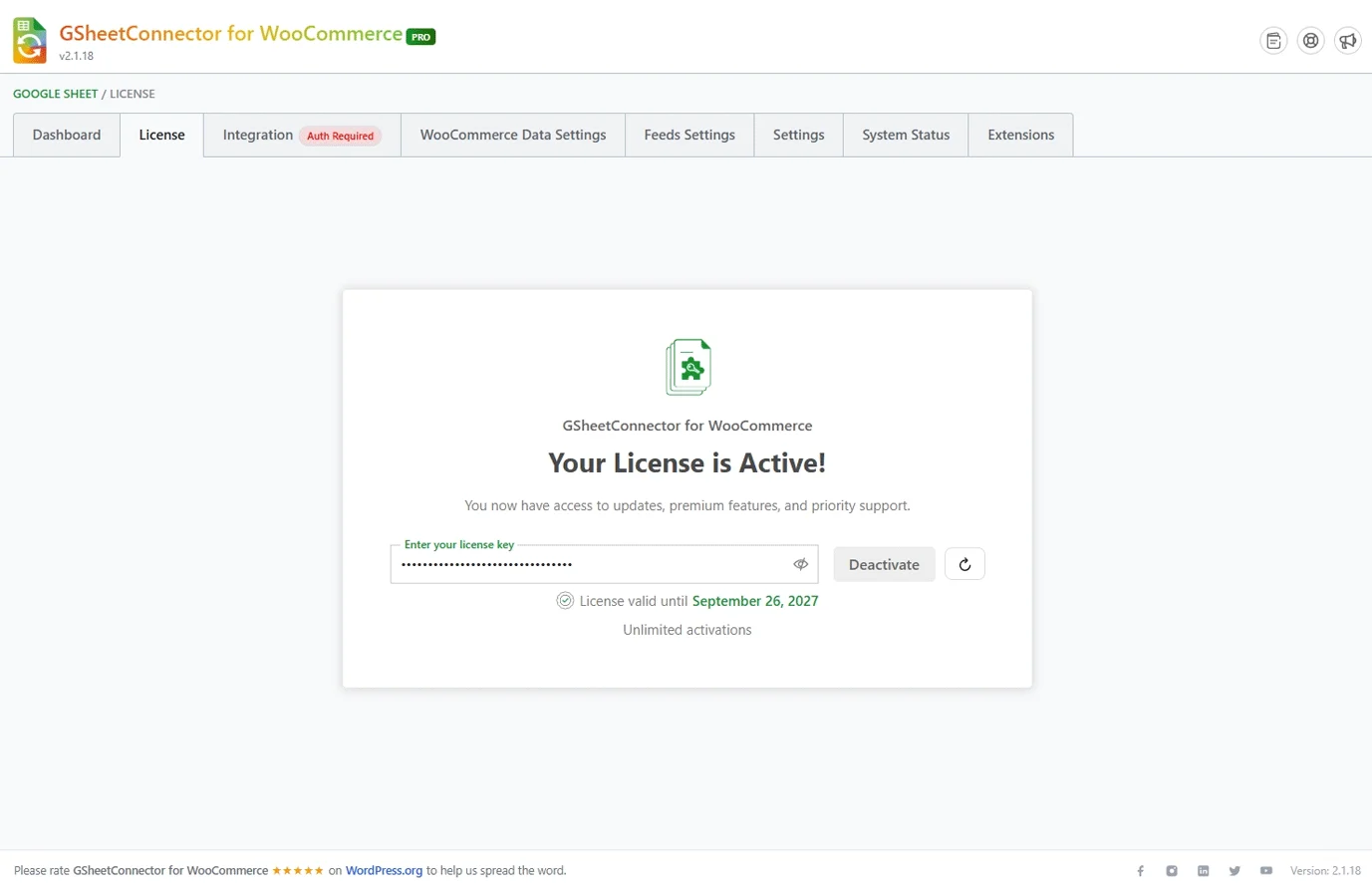 GSheetConnector for WooCommerce active license settings with license key and activation details.
