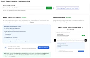 WooCommerce Google Sheets integration with automatic Google account connection and authorization guide.