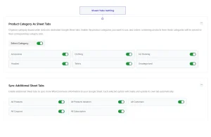 WooCommerce Google Sheets settings for product category tabs and additional product, customer, coupon, and subscription tabs.