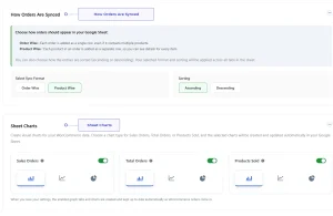 WooCommerce order sync format and Google Sheets chart settings for sales, orders, and products sold.