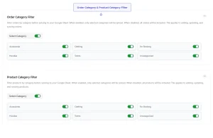 WooCommerce Google Sheets category filters for selecting which orders and products are synchronized.