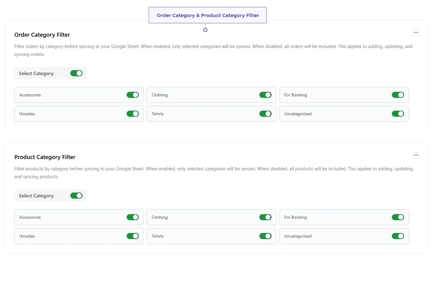WooCommerce Google Sheets category filters for selecting which orders and products are synchronized.