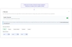 WooCommerce 2-way sync settings for managing orders, products, customers, and coupons with Google Sheets.