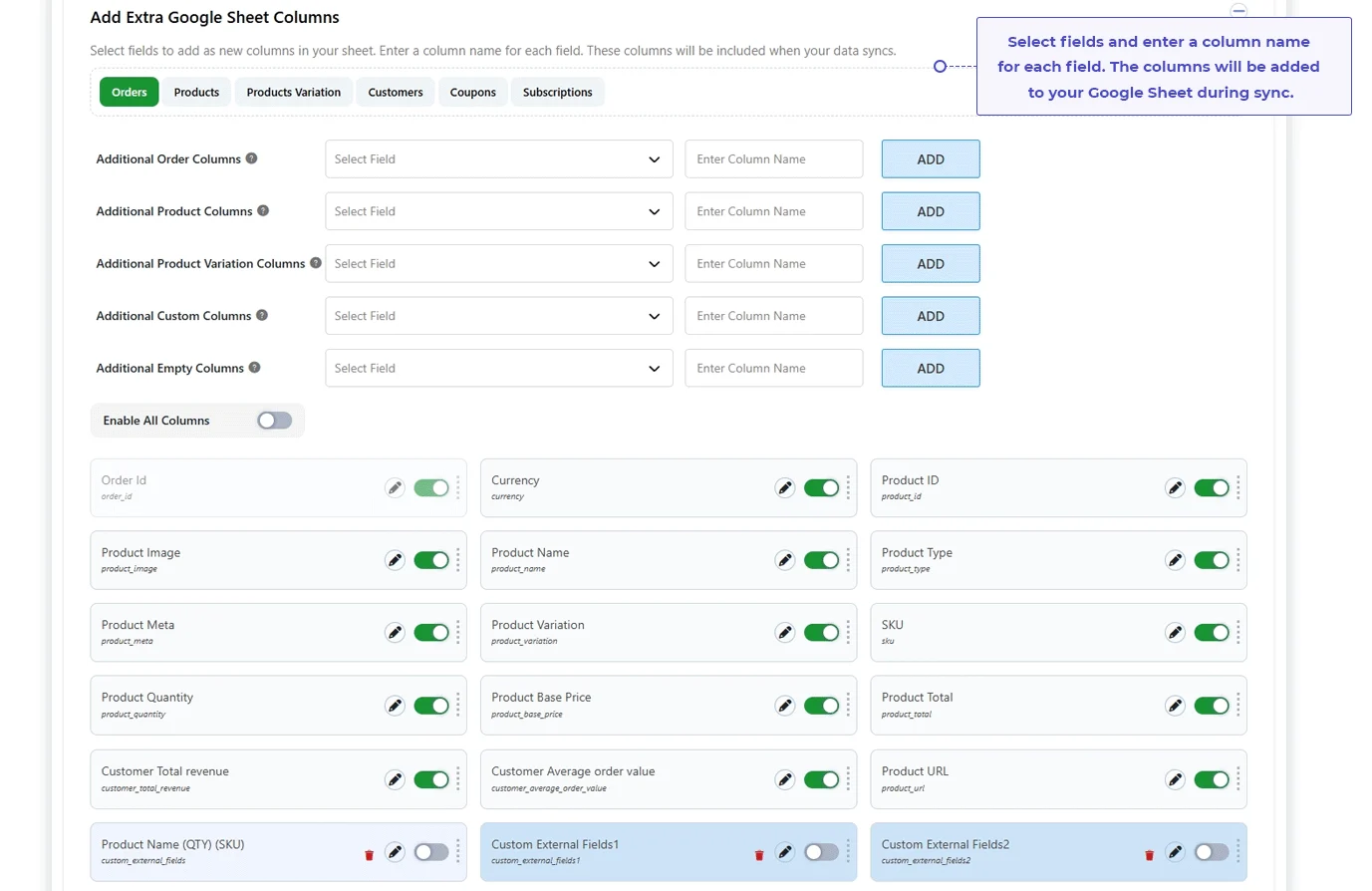 WooCommerce Google Sheets settings for adding custom fields and additional spreadsheet columns.