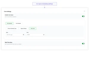 WooCommerce Google Sheets cron settings with scheduled sync, recurring schedule, and real-time synchronization options.