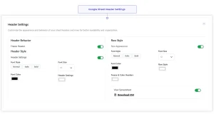 WooCommerce Google Sheets header settings for customizing fonts, colors, row styles, and frozen headers.