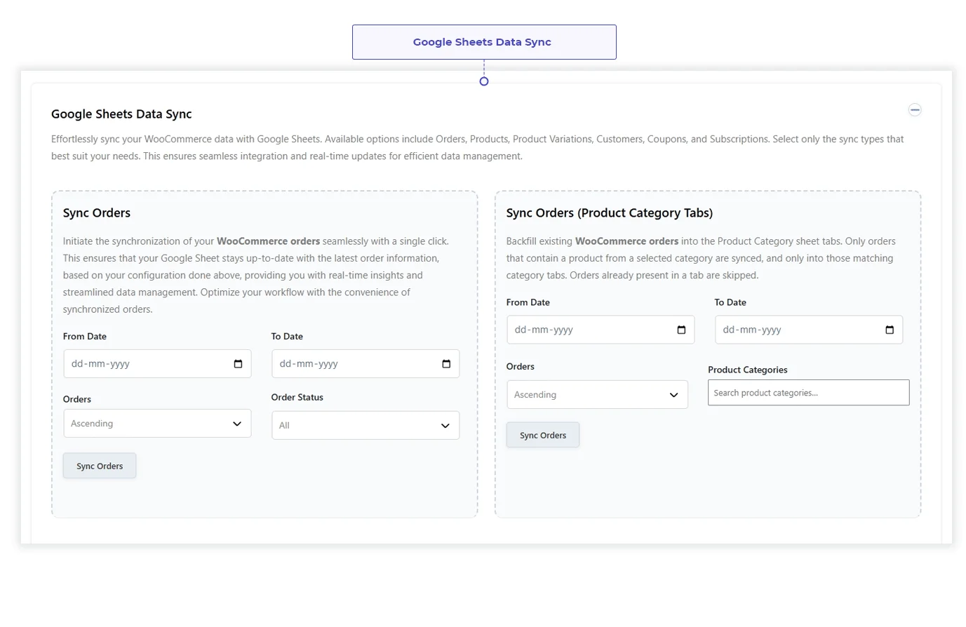 WooCommerce order synchronization settings with date filters, order status, sorting, and Google Sheets sync options.