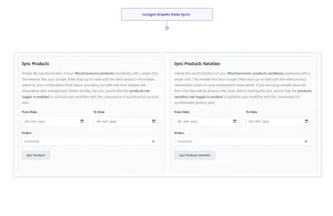 WooCommerce product and product variation synchronization settings for Google Sheets.