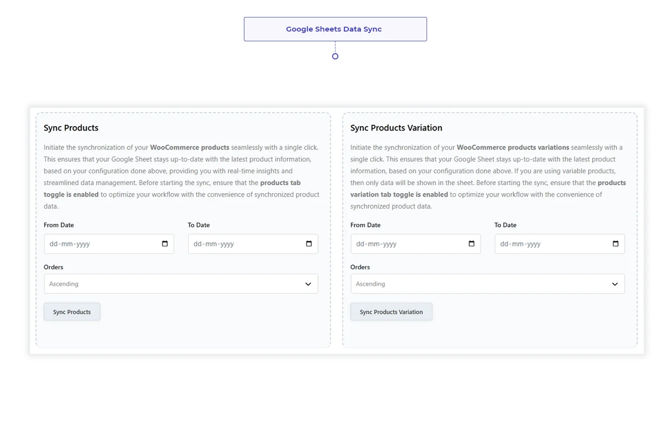 WooCommerce product and product variation synchronization settings for Google Sheets.