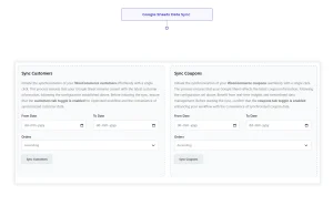 WooCommerce customer and coupon synchronization settings for Google Sheets with date and sorting options.