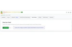 WooCommerce Google Sheets feed settings with option to create and configure multiple synchronization feeds.