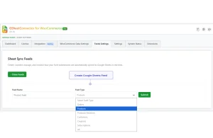 WooCommerce Google Sheets feed creation screen with options for orders, products, variations, customers, coupons, and subscriptions.