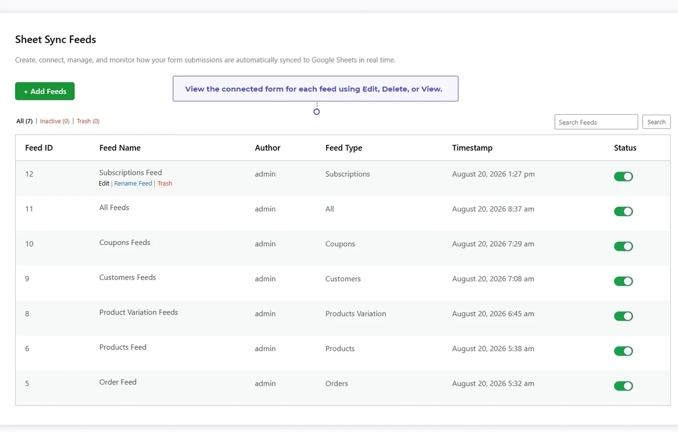 WooCommerce Google Sheets sync feeds dashboard showing orders, products, customers, coupons, and subscriptions.