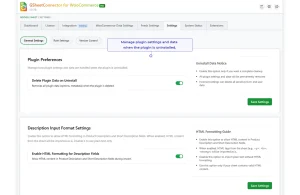 WooCommerce Google Sheets plugin preferences with uninstall data and HTML formatting settings.