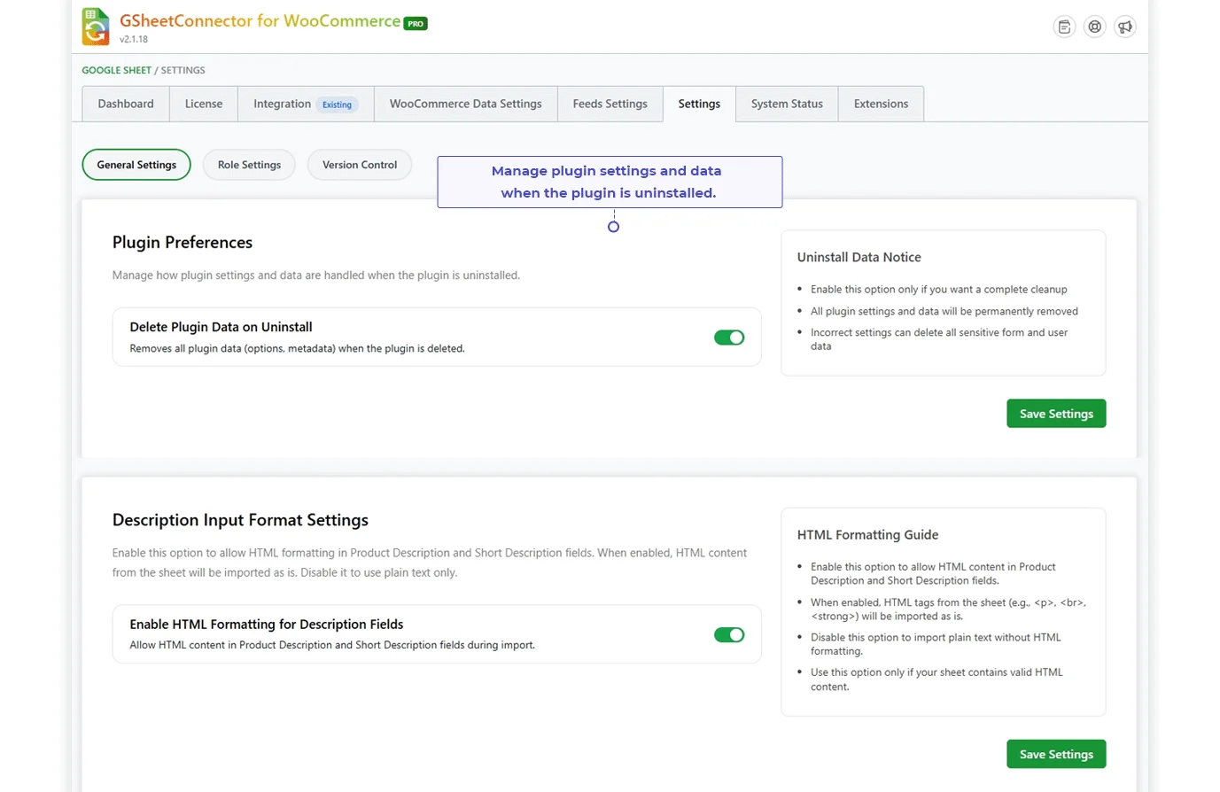WooCommerce Google Sheets plugin preferences with uninstall data and HTML formatting settings.