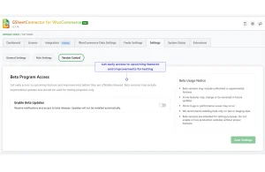 WooCommerce Google Sheets beta program settings for enabling access to upcoming features and test releases.