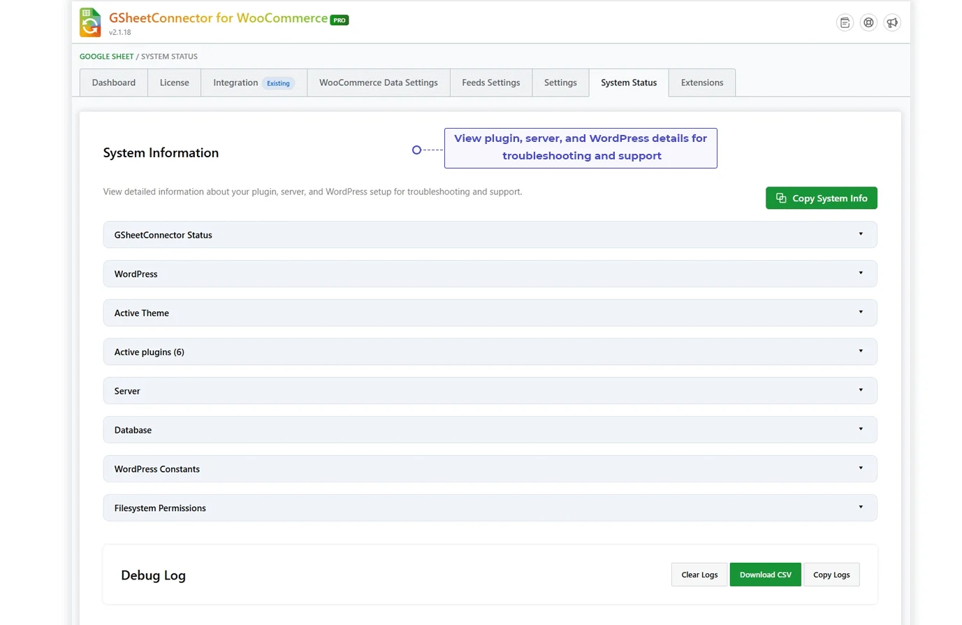 WooCommerce Google Sheets system information showing WordPress, server, database, plugin status, and debug logs.