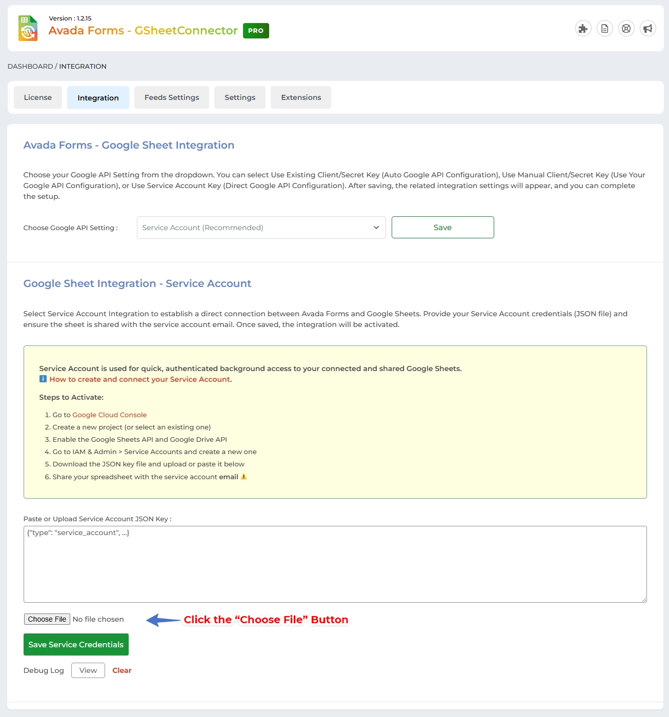 Service Account Setting Pro Version – Google Sheet Connector Connect the Service Account in Elementor GSheetConnector Pro