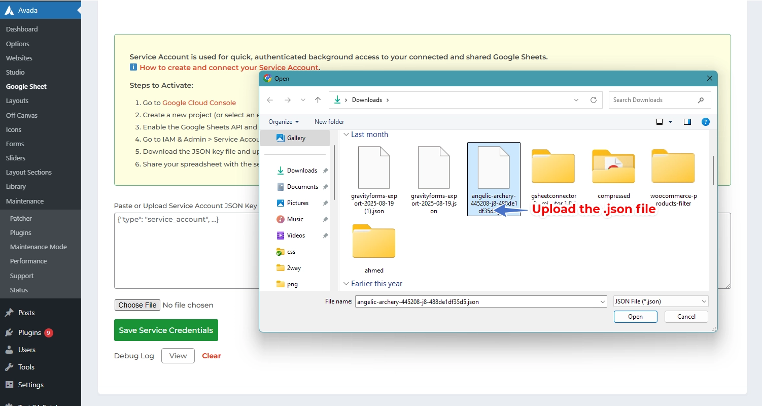 Service Account Setting Pro Version – Google Sheet Connector Connect the Service Account in Elementor GSheetConnector Pro - Upload Json file