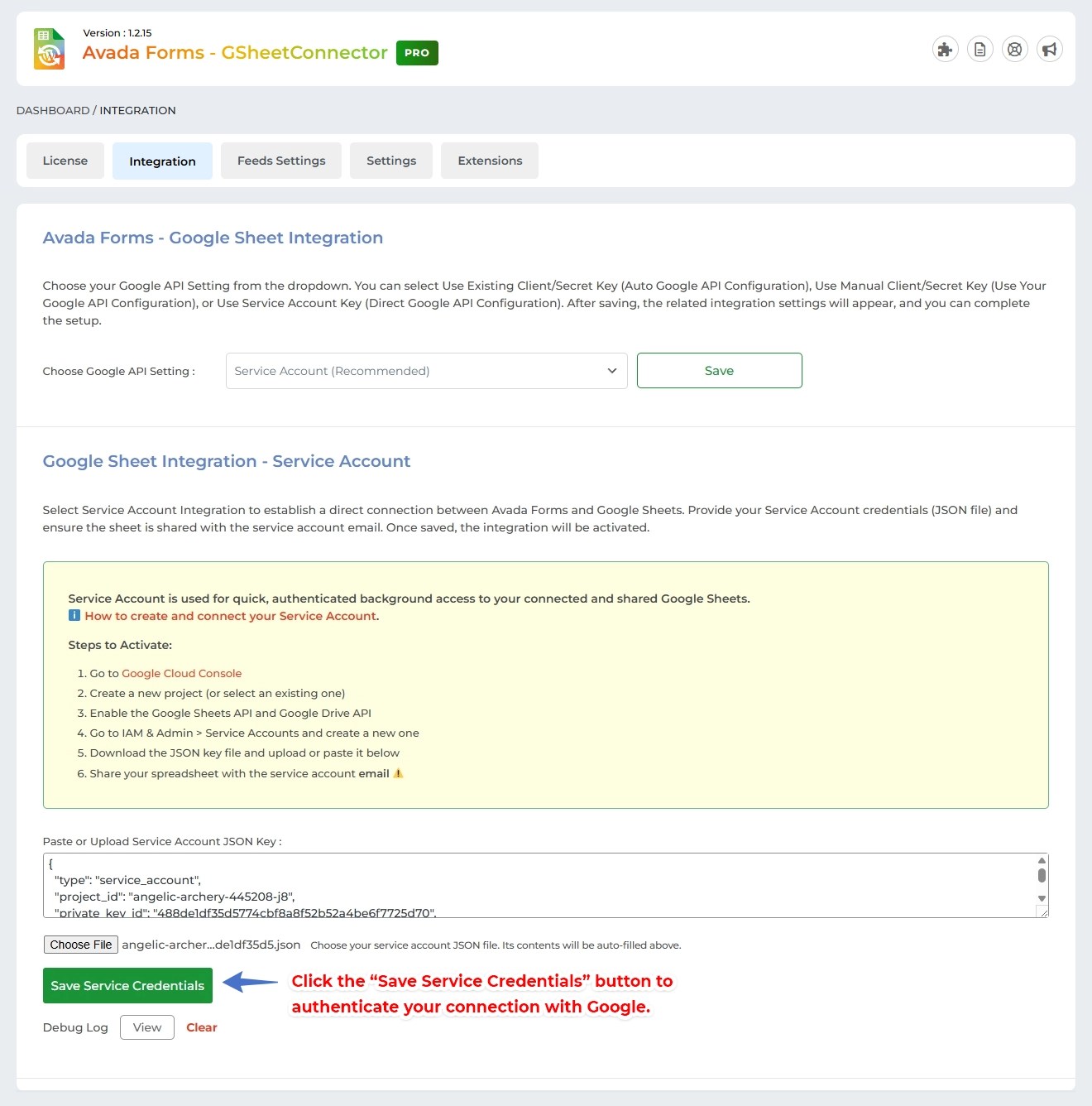Service Account Setting Pro Version – Google Sheet Connector Authentication Method - Service Account