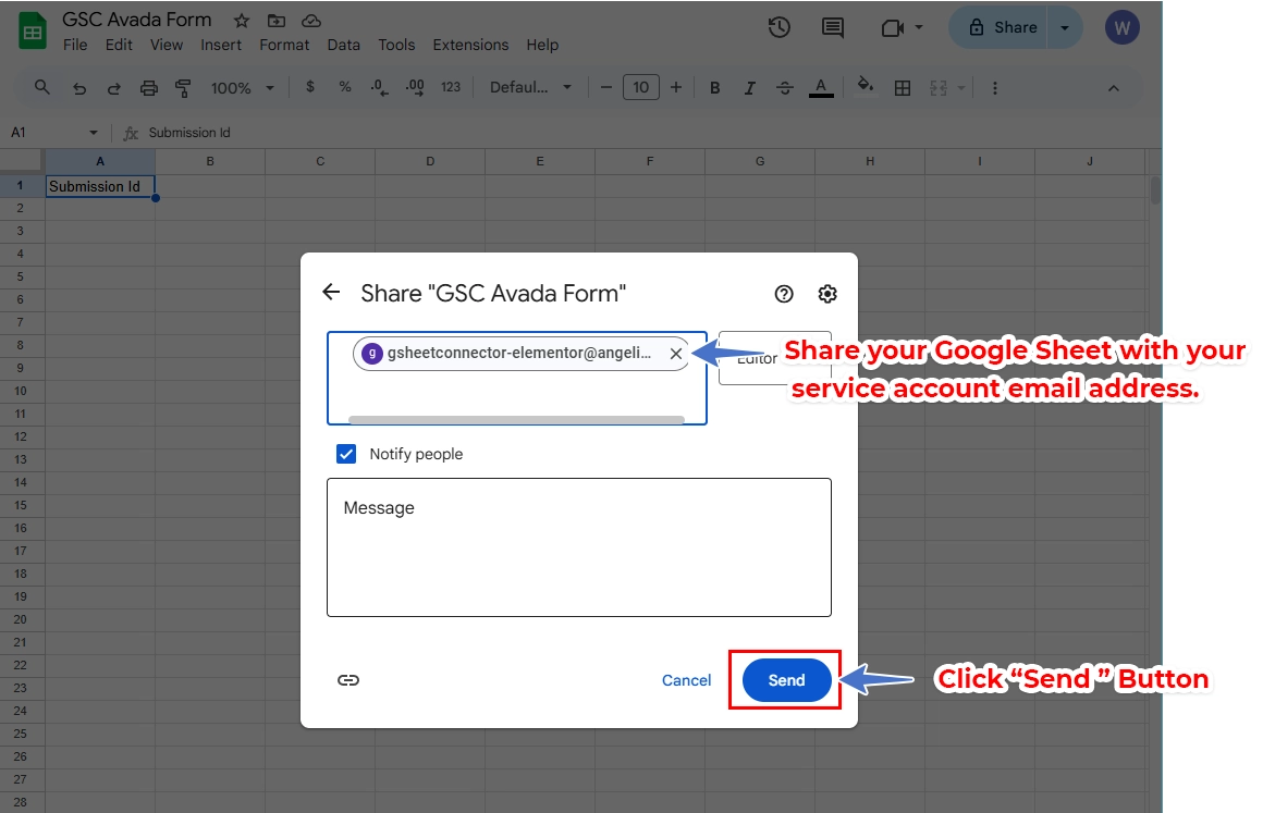 Service Account Setting Pro Version – Google Sheet Connector Share the Sheet with the Service Account Email