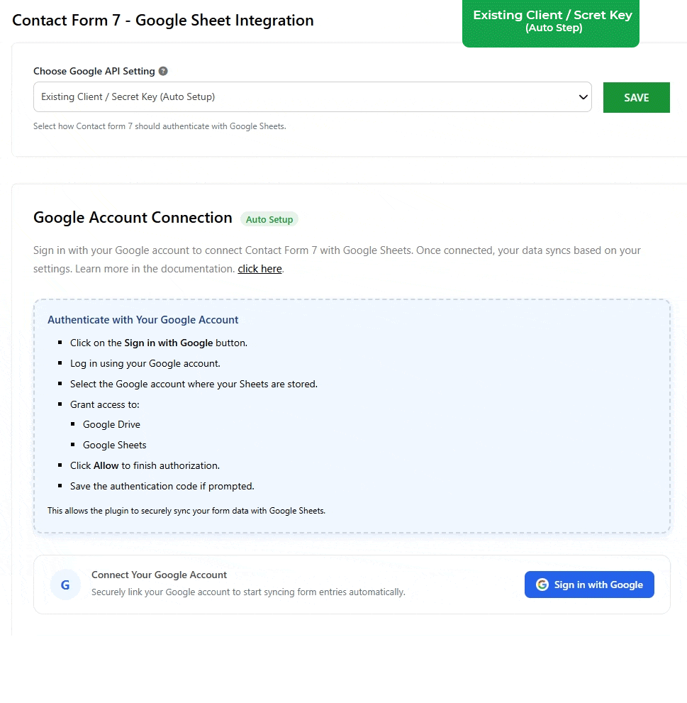 CF7 Google Sheets Connector connection methods showing Existing Client, Manual Client, and Service Account setup