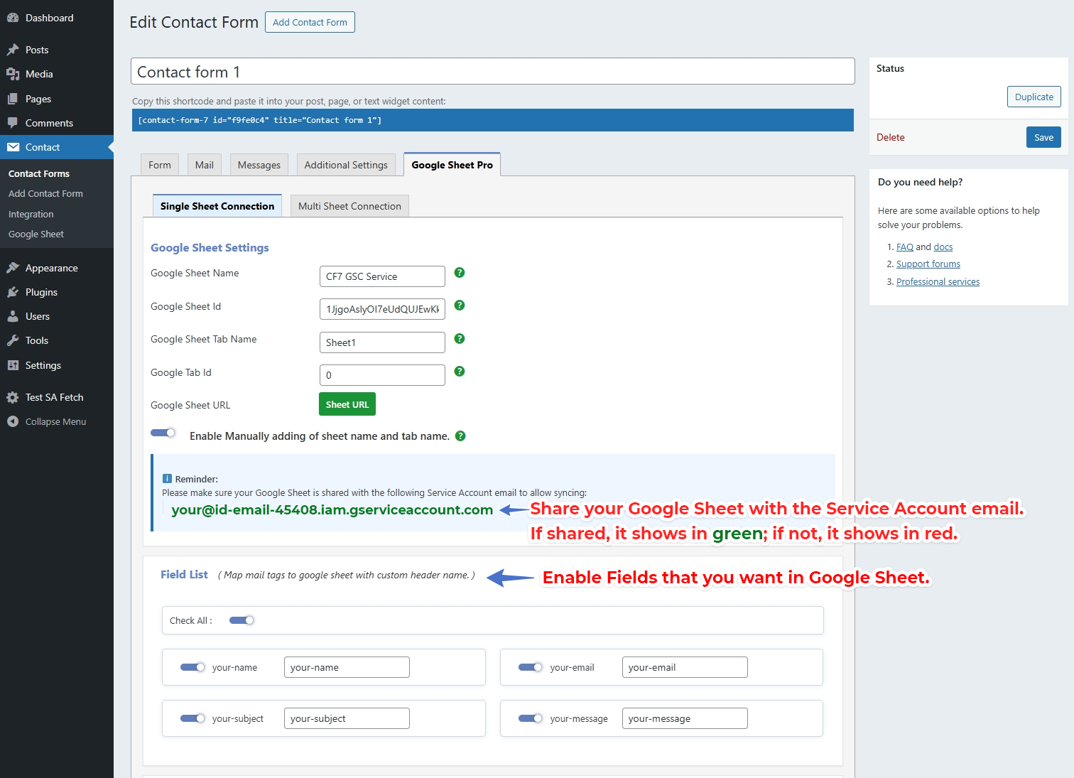 Service Account Setting Pro Version – Google Sheet Connector CF7 Google Sheet Connector Pro Service Account Setup - Manual Settings