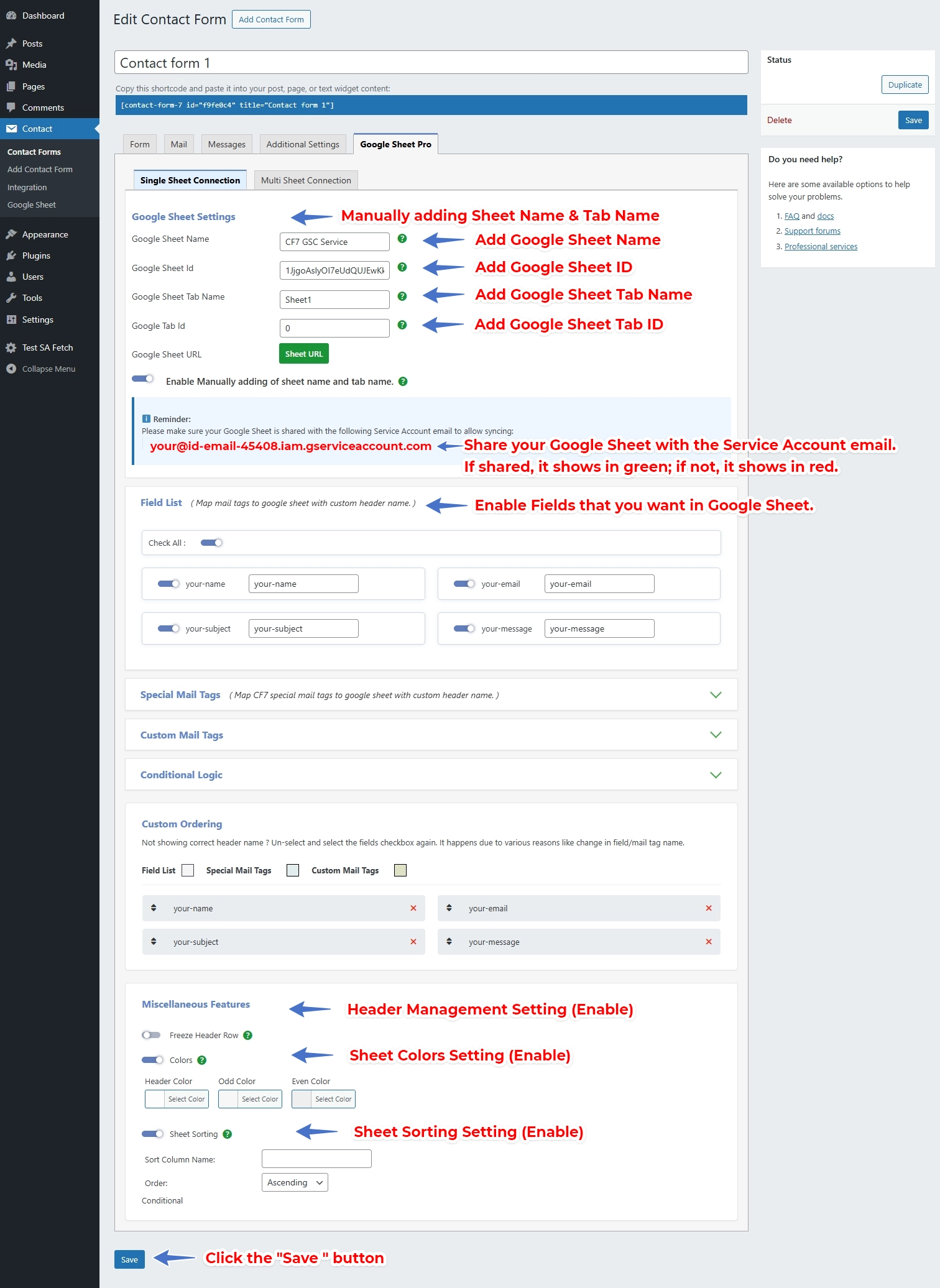 Service Account Setting Pro Version – Google Sheet Connector CF7 Google Sheet Connector Pro Service Account Setup - Manual Settings