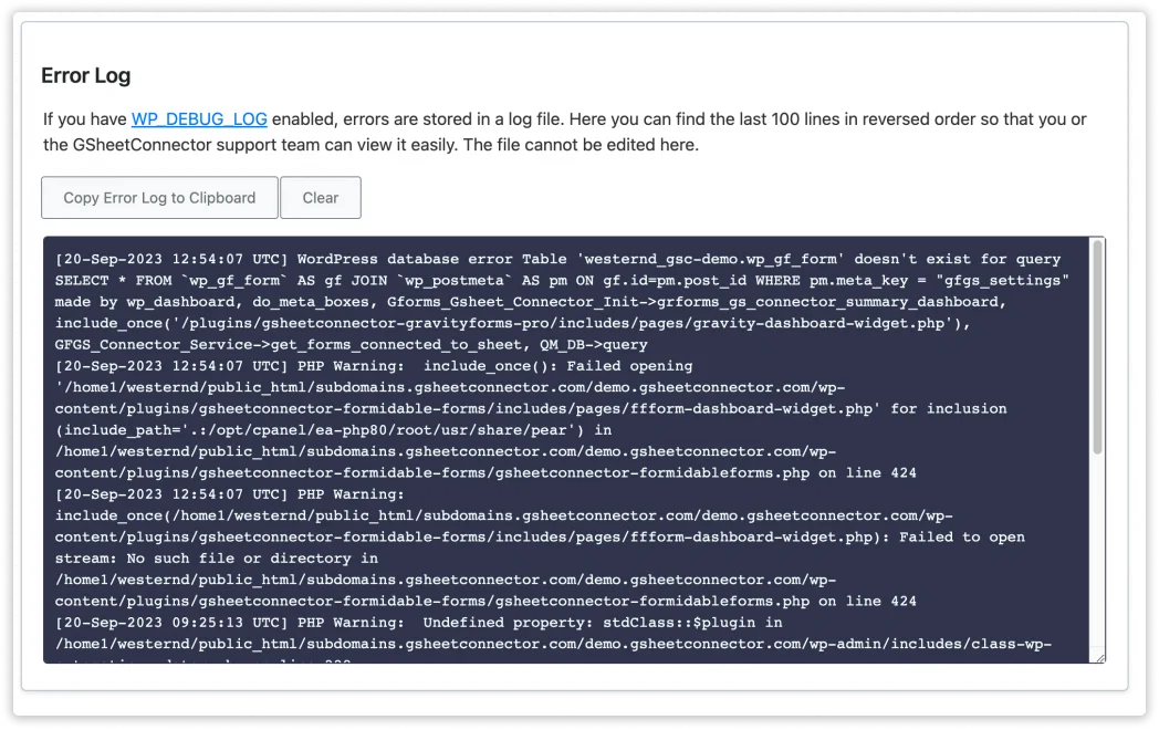 GSheetConnector System Status tab error log view