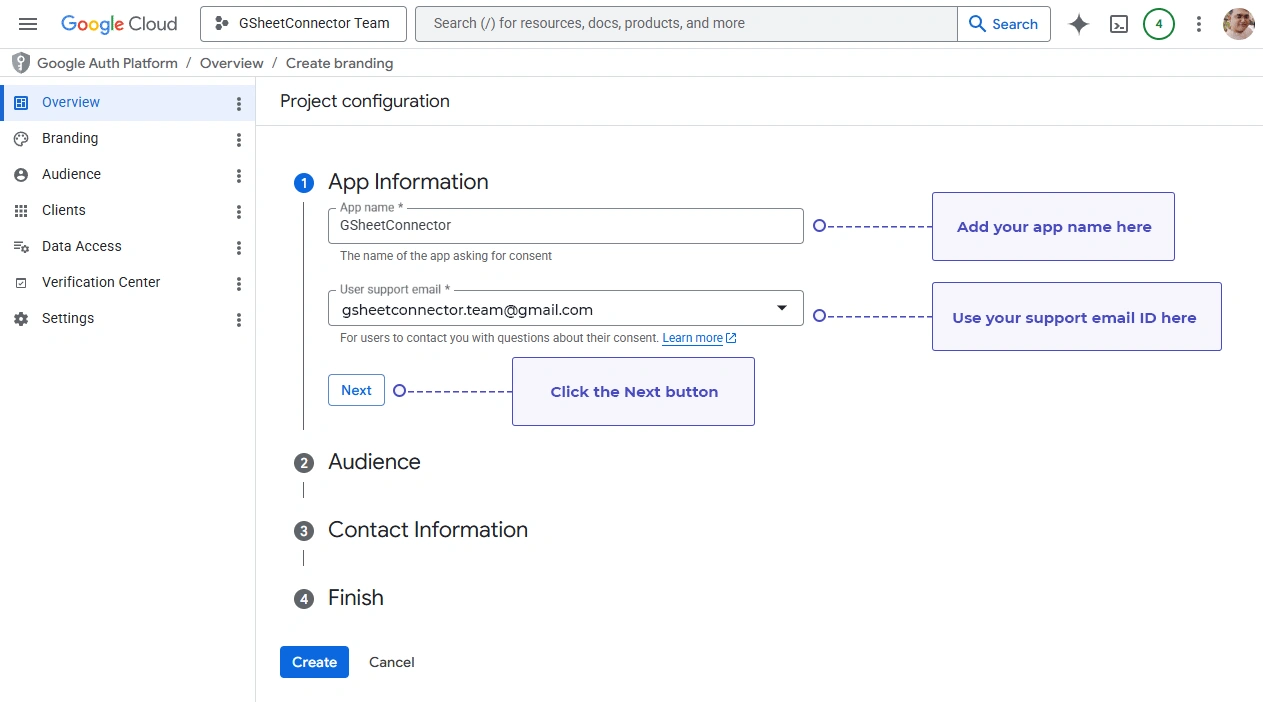 Project Configuration settings page in Google Cloud Console