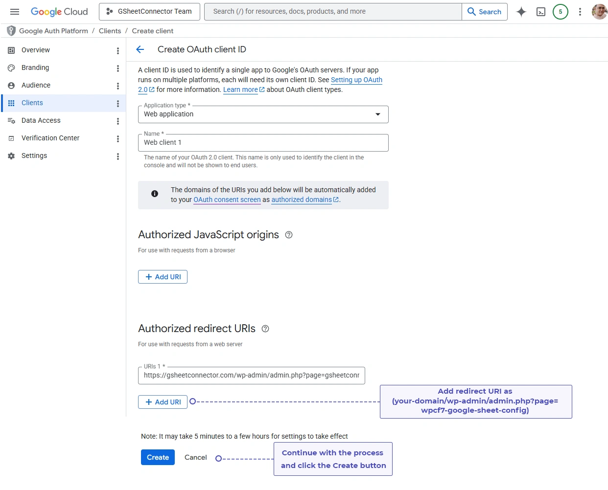 Authorized Redirect URI field with the redirect URL entered in the OAuth client settings