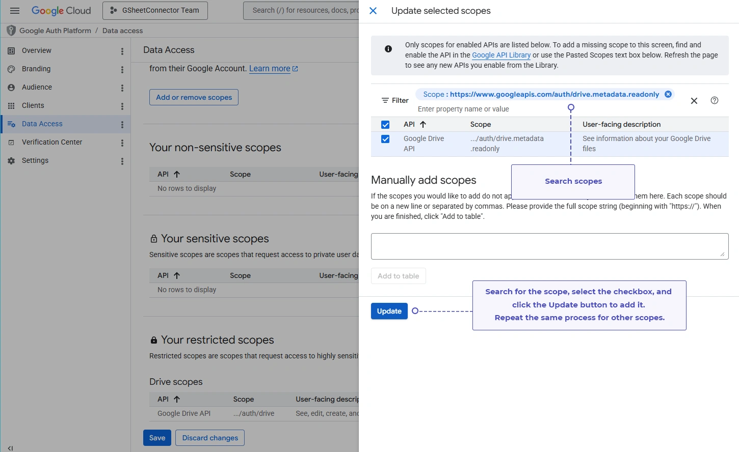 Selected OAuth scopes updated in the Data Access section of Google Cloud Console