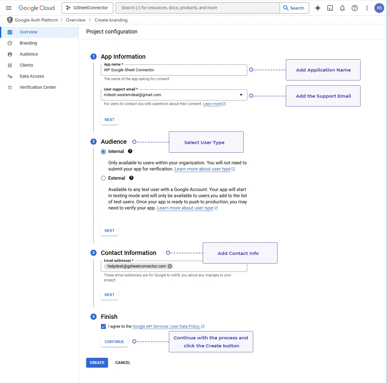 Project Configuration form with application details being entered in Google Cloud Console