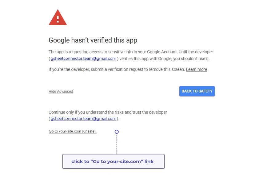 GSheetConnector authorization page requesting access permissions, with a link to return to the website after verification