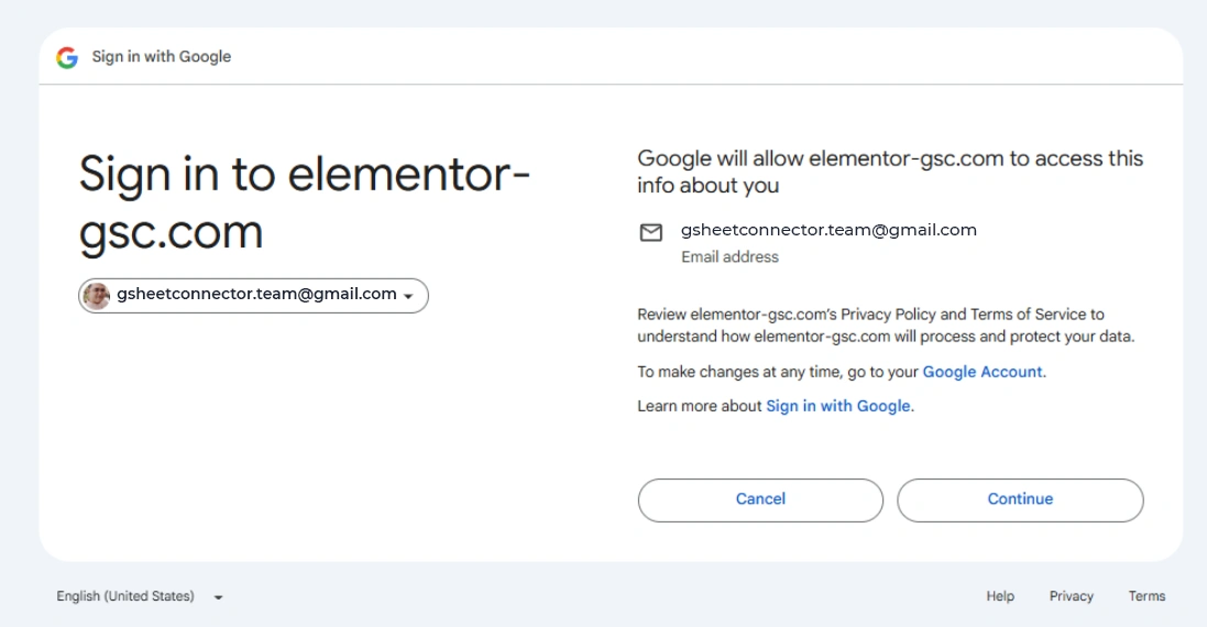 Google permission screen showing the information that GSheetConnector is requesting access to