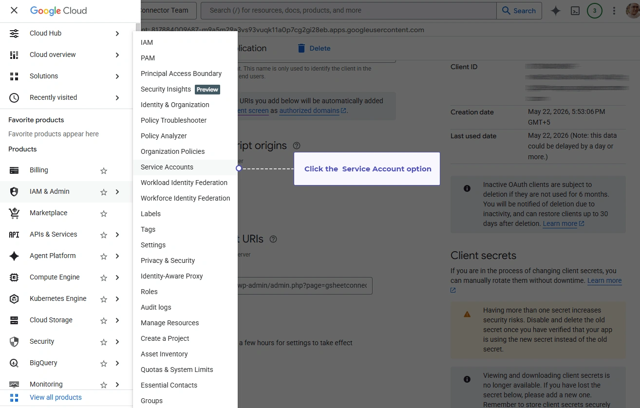 Create a new Service Account by clicking the Create Service Account button in Google Cloud Console