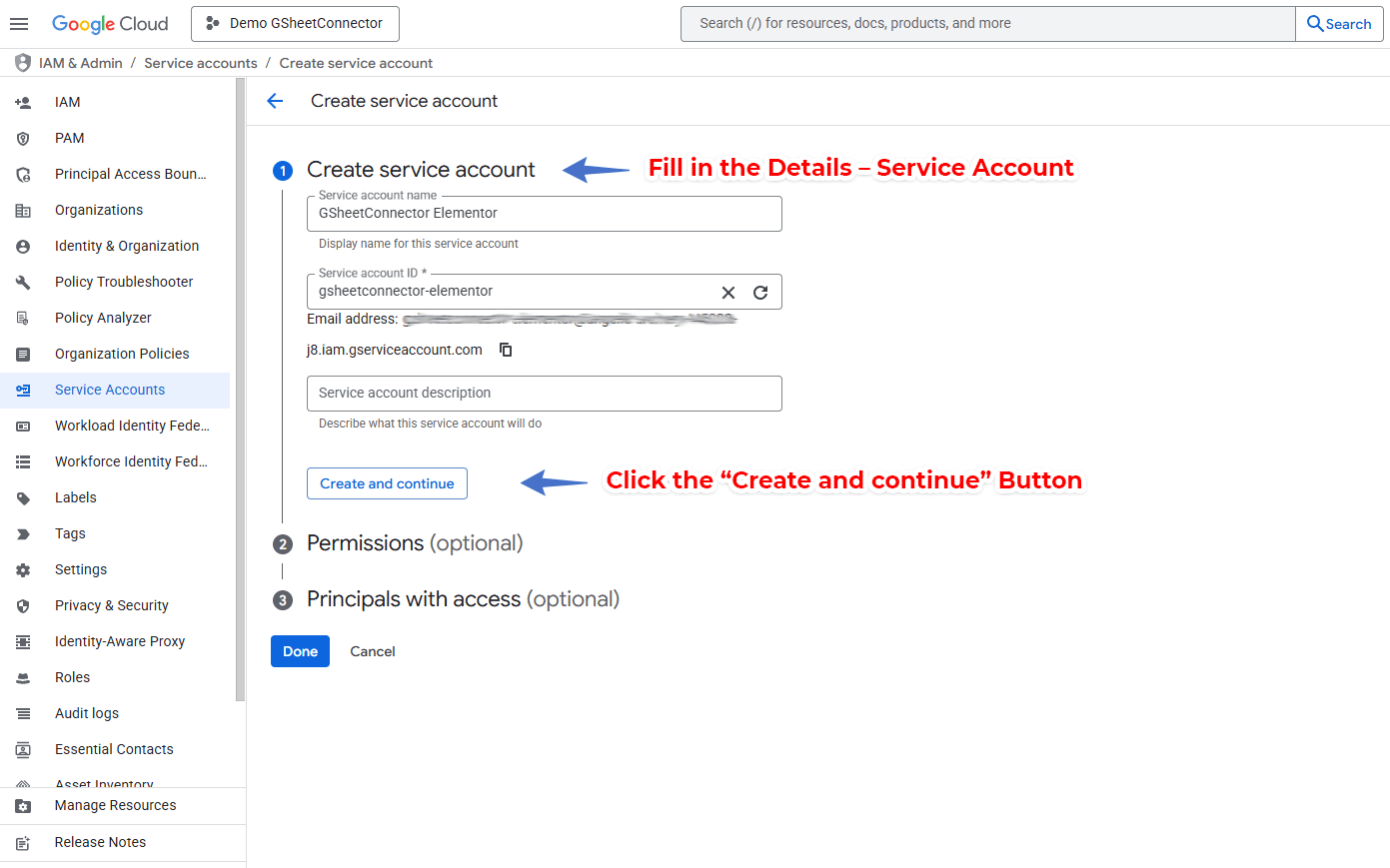 WPForms Google Sheet Connector Pro Service Account Setup - Service Account detail