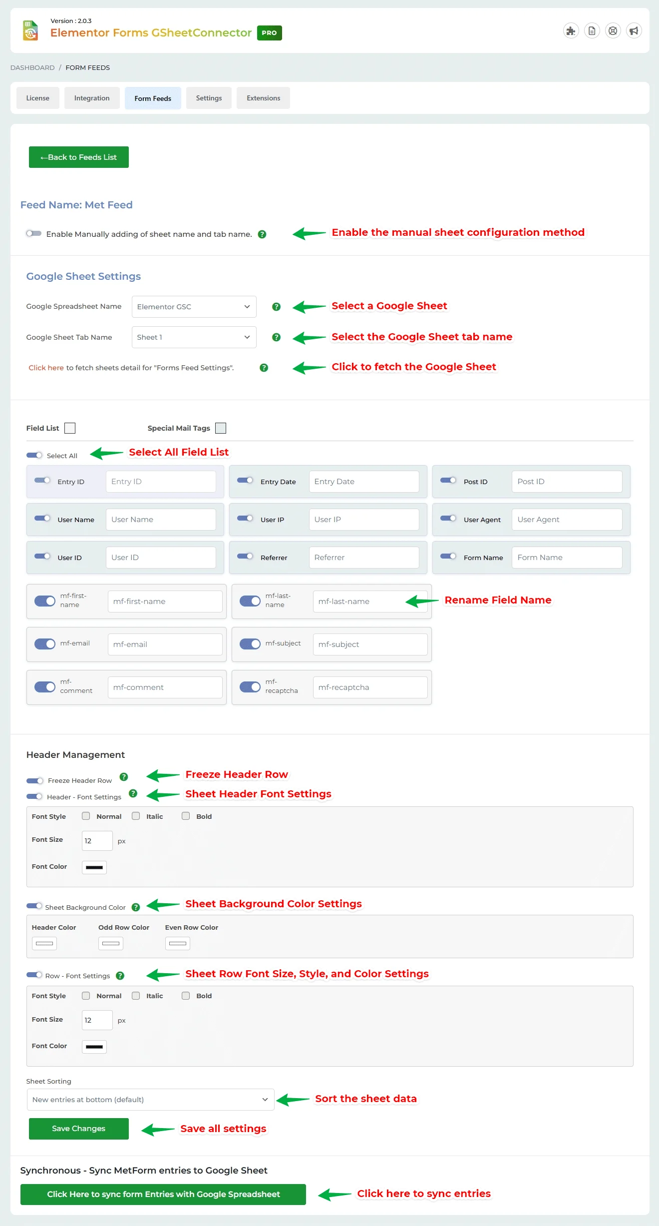 MetForm Settings PRO Version Fetch Sheets
