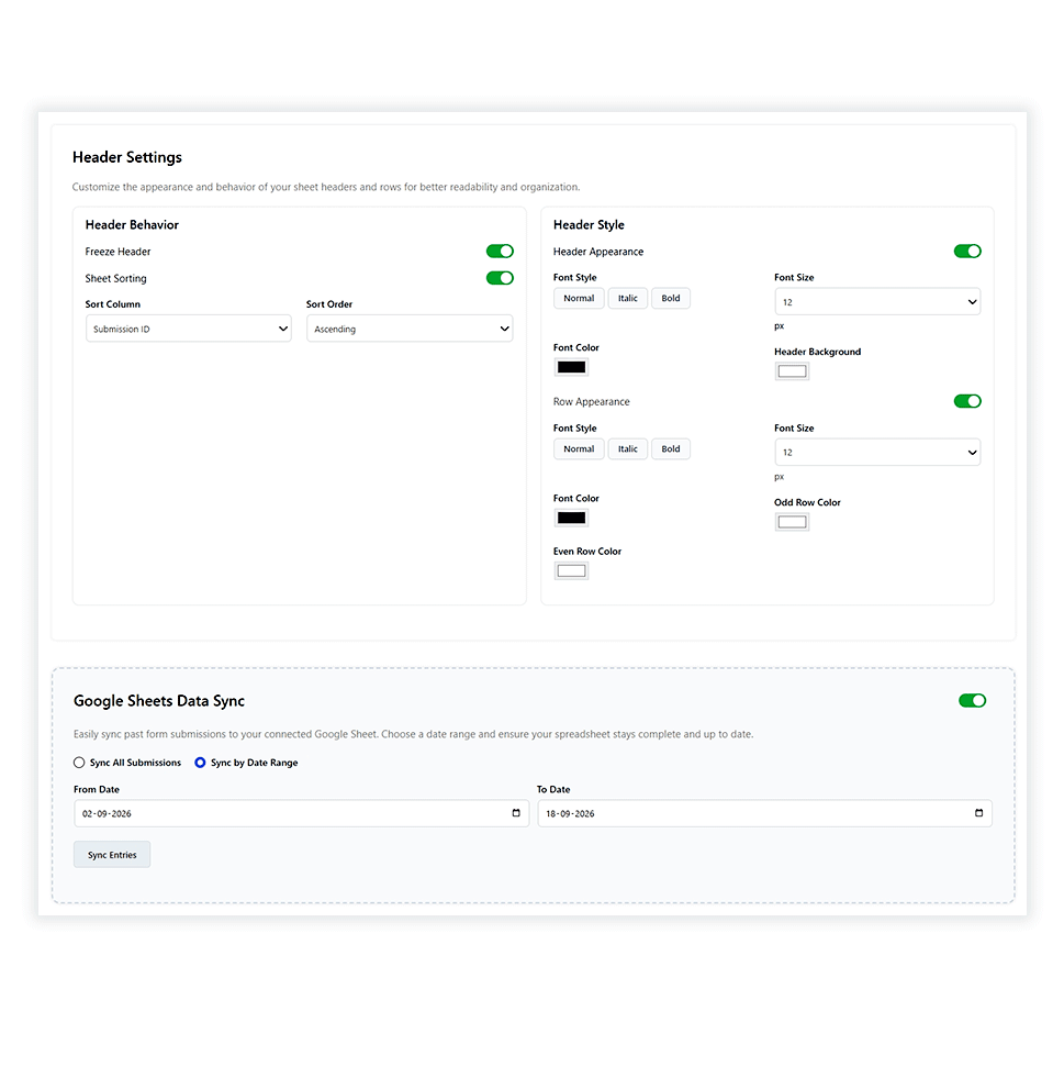 Fluent Forms Google Sheets header and row styling settings including freeze header, font color, and background customization
