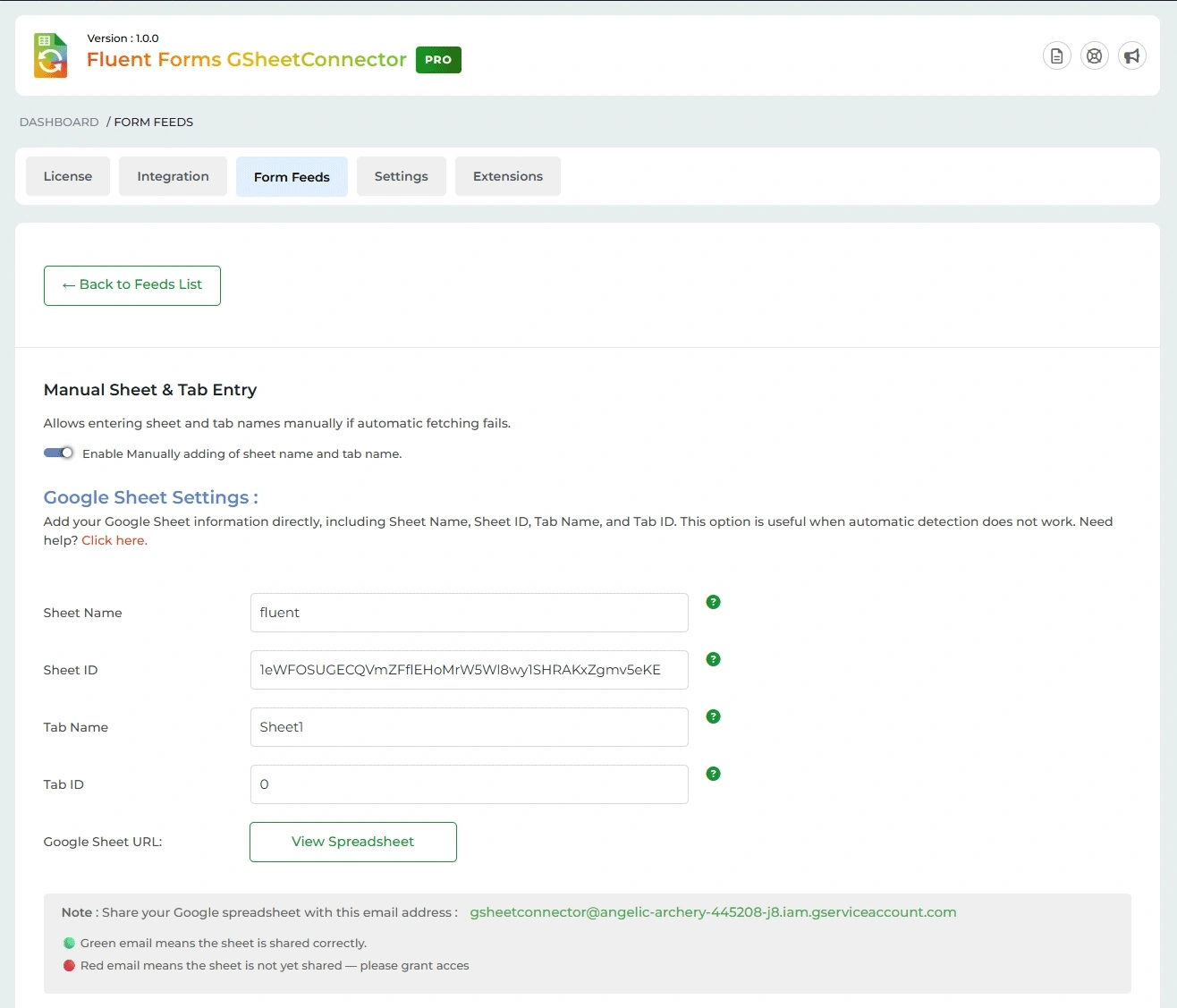 Forminator Google Sheets Integration feed settings