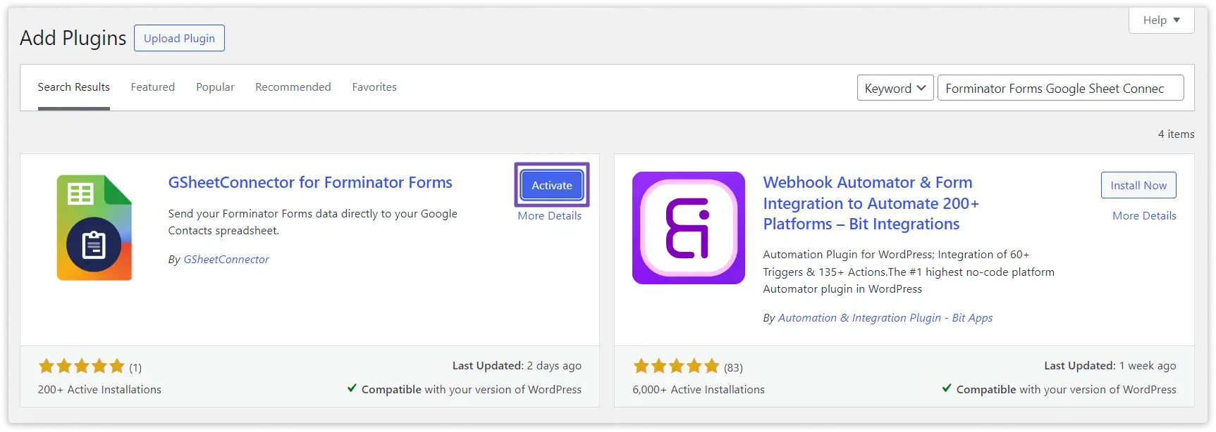 Install Forminator Forms plugin interface