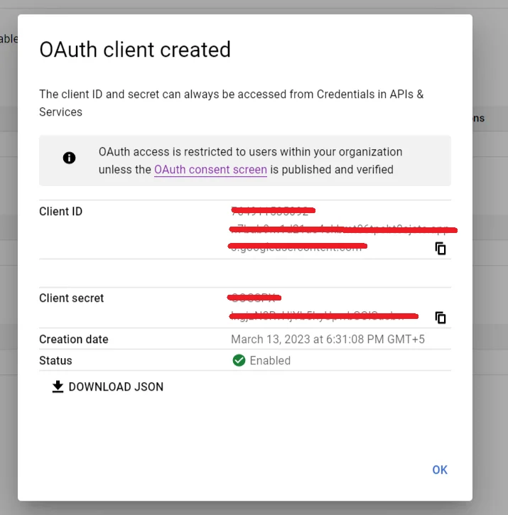 API-Auth-Client-Created OAuth Credentials