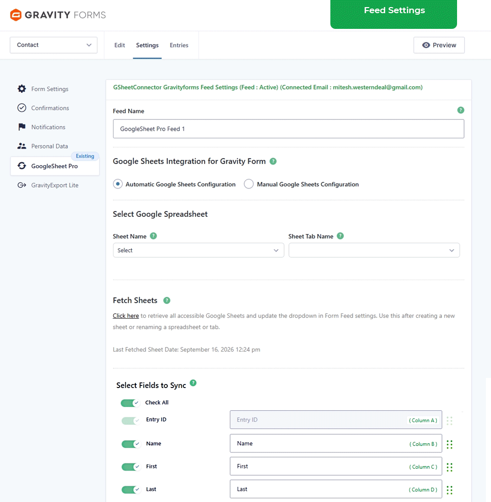 Gravity Forms Google Sheet Connector demo showing single and multiple Google Sheets feed connection setup