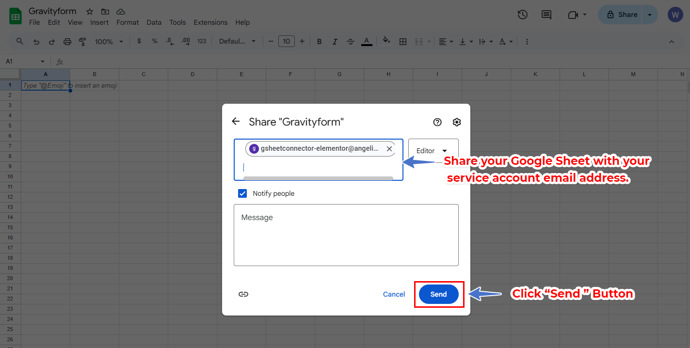 Share the Sheet with the Service Account Email