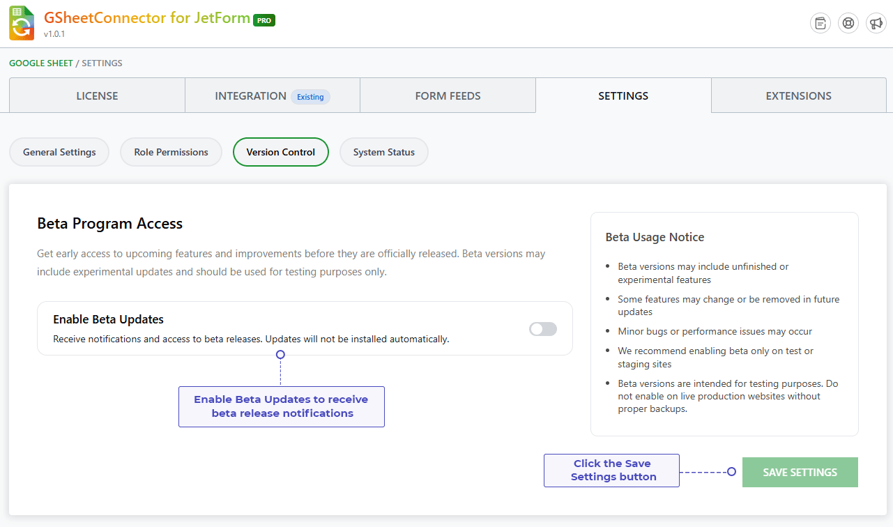 Beta Program Access settings