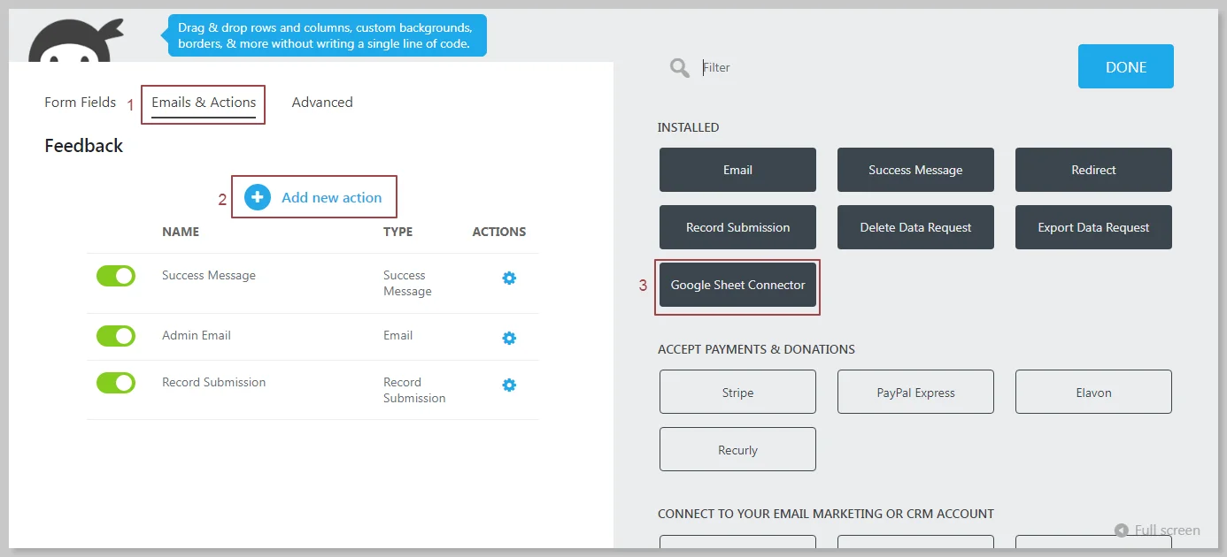 Ninja Forms Google Sheet Connector Pro integration steps